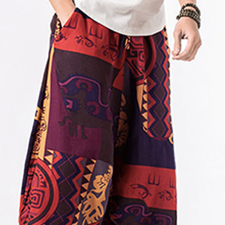 Buddha Stones Pantalones harem para hombre con estampado étnico floral geométrico, largo 7-8 y bolsillos. - image 15