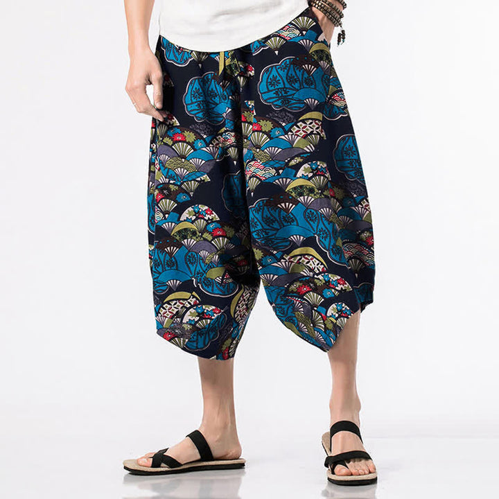 Buddha Stones Pantalones harem para hombre con estampado étnico floral geométrico, largo 7-8 y bolsillos. - Admirador - US/UK/AU46, EU56 (5XL) - image 0