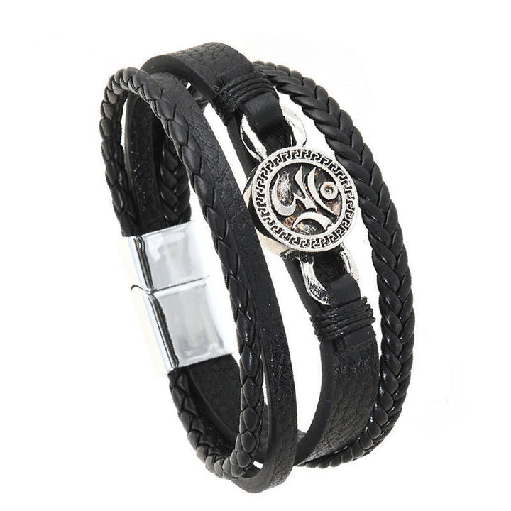Pulsera de cuero trenzado retro multicapa con grabado redondo y Buddha Stones Om - image 2