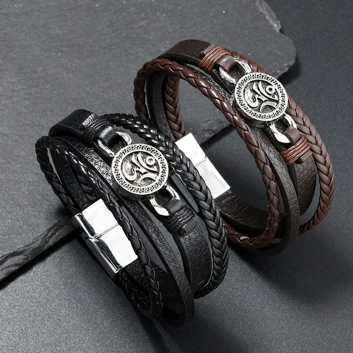 Pulsera de cuero trenzado retro multicapa con grabado redondo y Buddha Stones Om - image 0