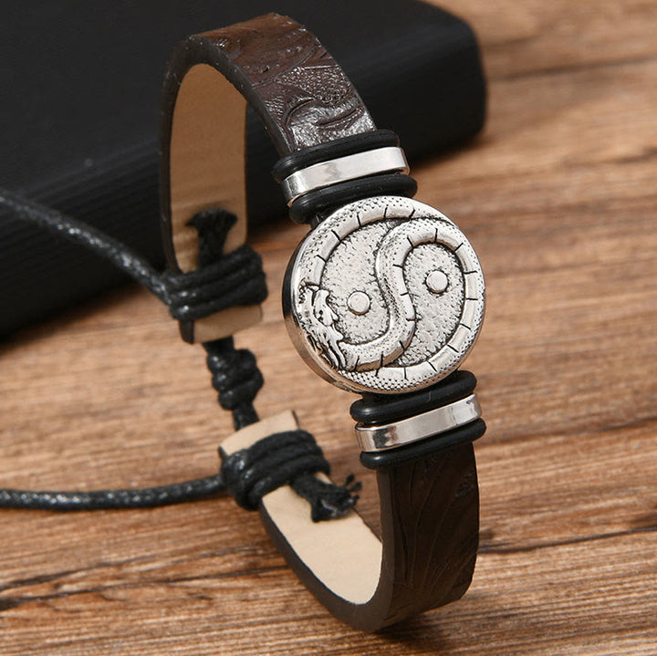 Buddha Stones Pulsera redonda de cuero con grabado del dragón YIN YANG - image 3