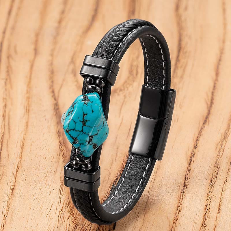 Buddha Stones Pulsera llamativa de cuero trenzado sintético turquesa - Cuero azul - 21 cm - image 1