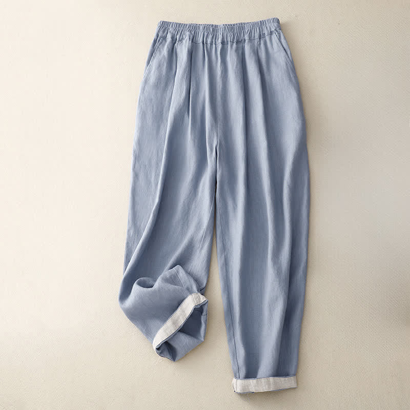 Buddha Stones Pantalones de verano lisos para mujer con cintura elástica, puños bicolor, corte cropped y bolsillos. - image 0