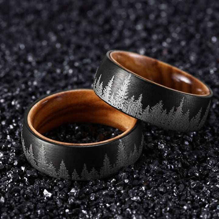 Buddha Stones Anillo de acero de tungsteno con diseño de bosque - Negro - 22,7 mm - image 0