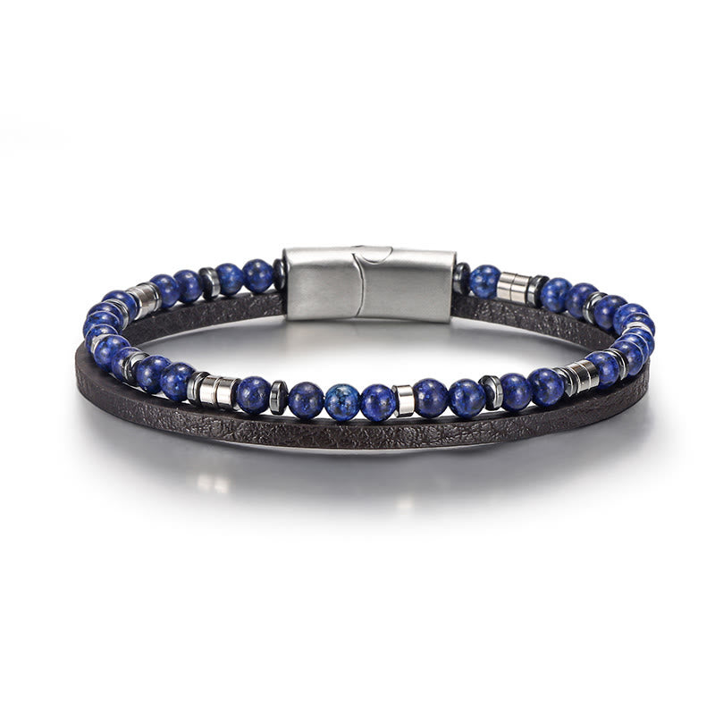Buddha Stones Pulsera de cuero con cuentas de lapislázuli y ojo de tigre. - Lapislázuli (circunferencia de la muñeca: 18-19 cm) - Cuentas redondas Cuentas espaciadoras planas - image 2