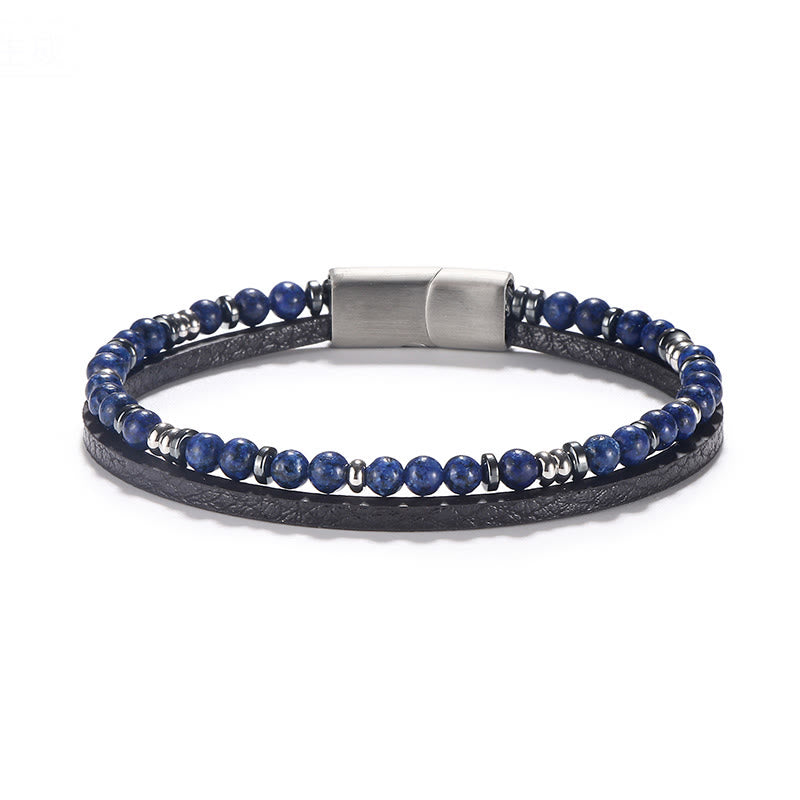Buddha Stones Pulsera de cuero con cuentas de lapislázuli y ojo de tigre. - Lapislázuli (circunferencia de la muñeca: 18-19 cm) - Cuentas redondas Cuentas espaciadoras redondas - image 1