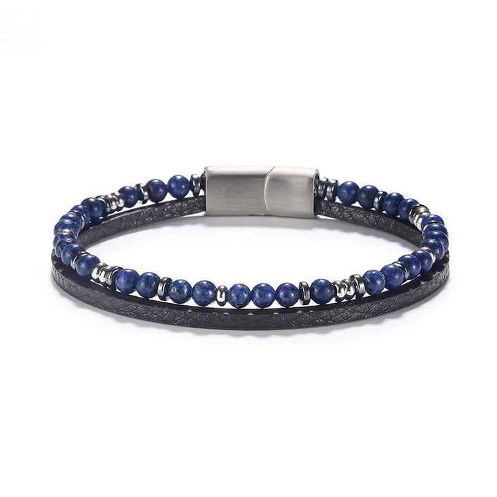 Buddha Stones Pulsera de cuero con cuentas de lapislázuli y ojo de tigre. - Lapislázuli (circunferencia de la muñeca: 18-19 cm) - Cuentas redondas Cuentas espaciadoras redondas - image 1