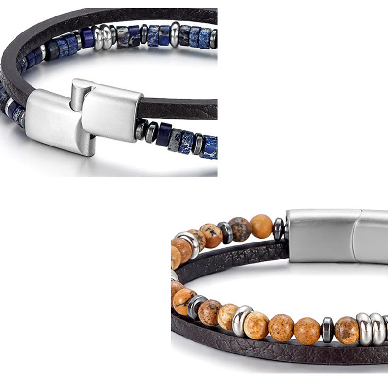 Buddha Stones Pulsera de cuero con cuentas de lapislázuli y ojo de tigre. - image 12