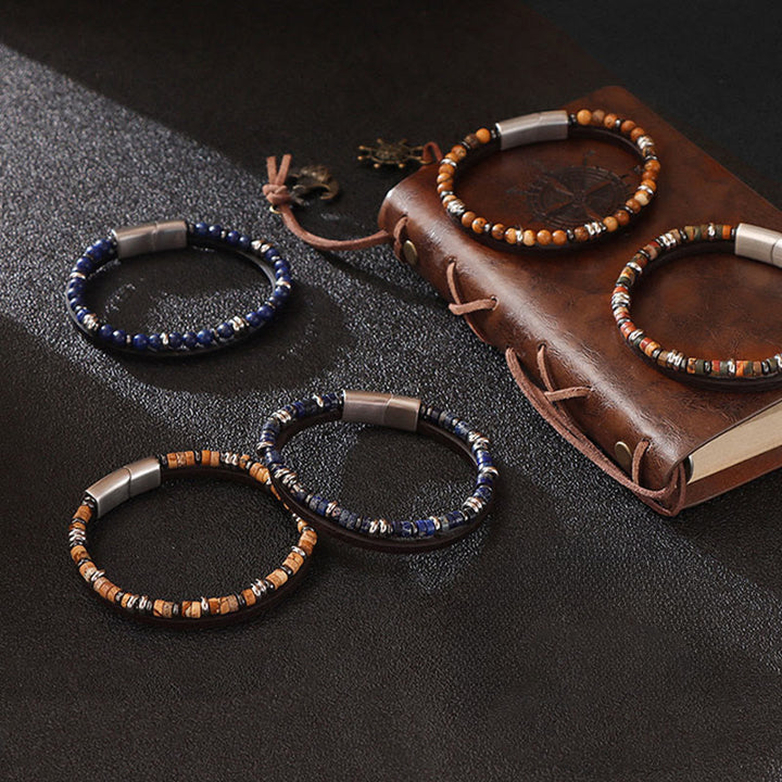Buddha Stones Pulsera de cuero con cuentas de lapislázuli y ojo de tigre. - image 10