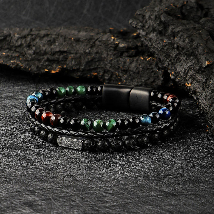 Buddha Stones Pulsera de cuero trenzado resistente con cuentas de roca volcánica ojo de tigre - Piedra volcánica ojo de tigre (circunferencia de la muñeca: 18-19 cm) - image 0