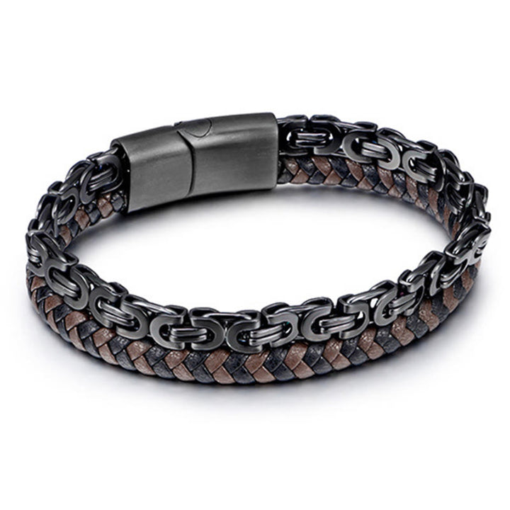 Buddha Stones Pulsera de equilibrio de cuero trenzado de doble vuelta con cadena de eslabones - image 1