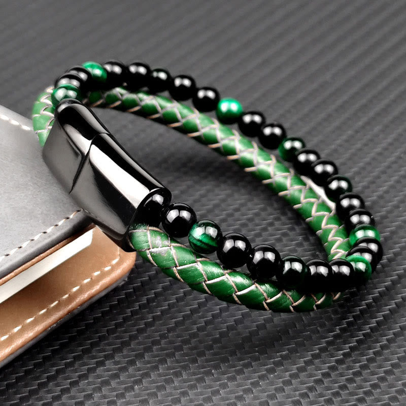 Buddha Stones Pulsera de cuero trenzado de doble vuelta con ojo de tigre verde - image 1