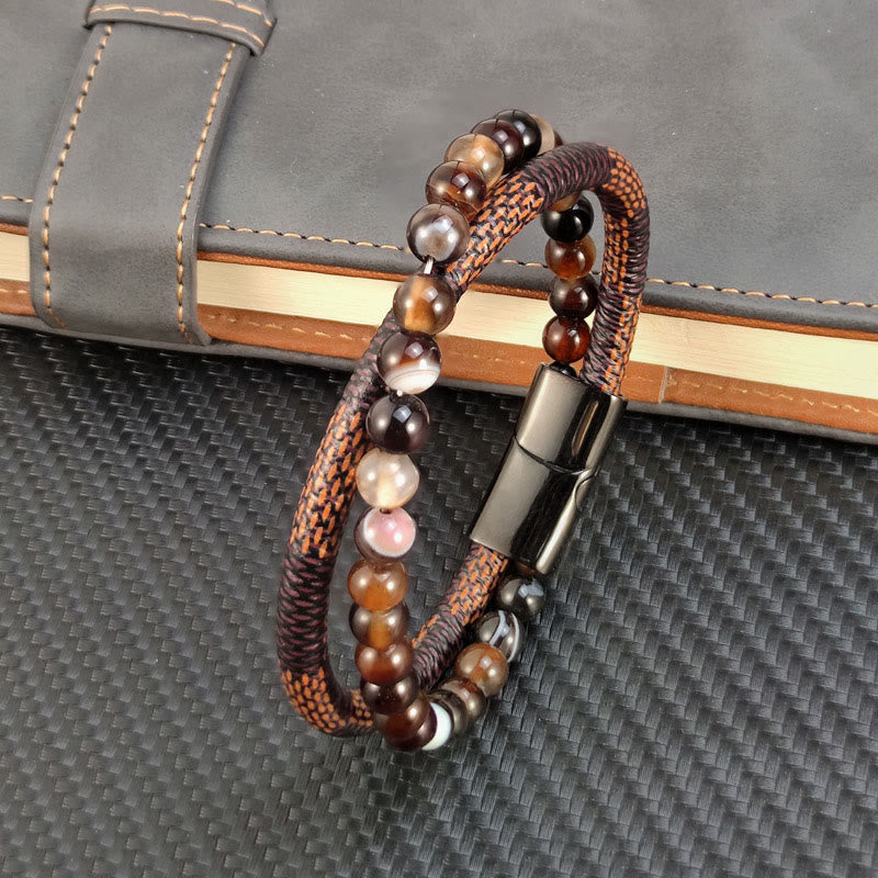 Buddha Stones Pulsera de cuero trenzado de doble vuelta Sardonyx Success - Piel de sardónice (circunferencia de la muñeca: 19 cm) - image 0