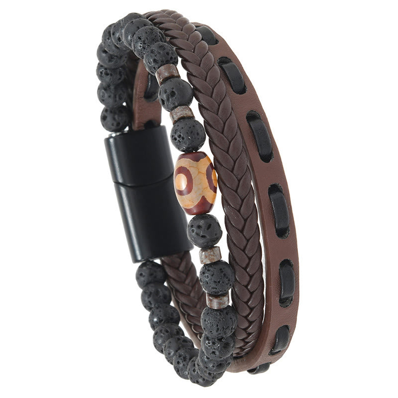 Buddha Stones Pulsera de cuero trenzado multicapa con cuentas Dzi y diseño de roca volcánica, símbolo de riqueza. - image 7