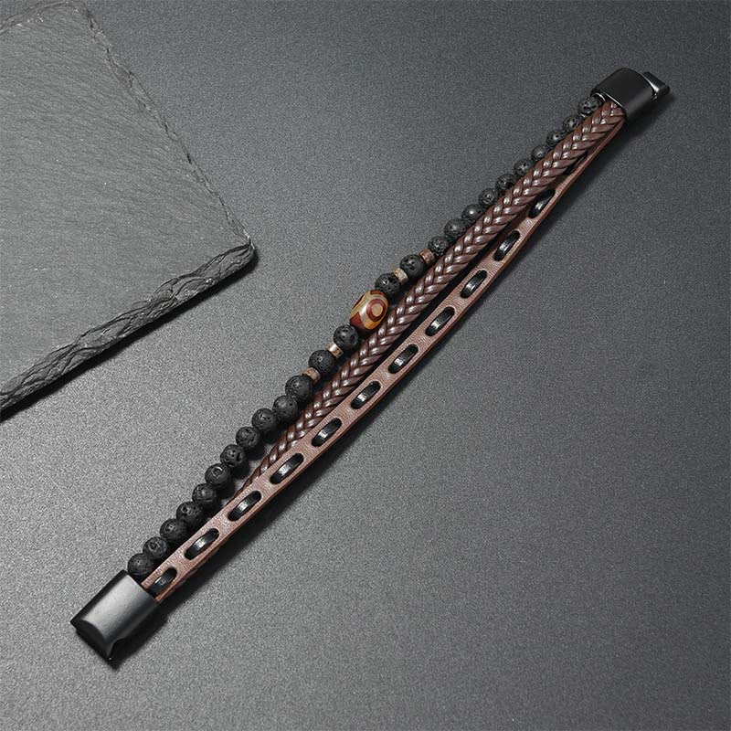 Buddha Stones Pulsera de cuero trenzado multicapa con cuentas Dzi y diseño de roca volcánica, símbolo de riqueza. - image 8