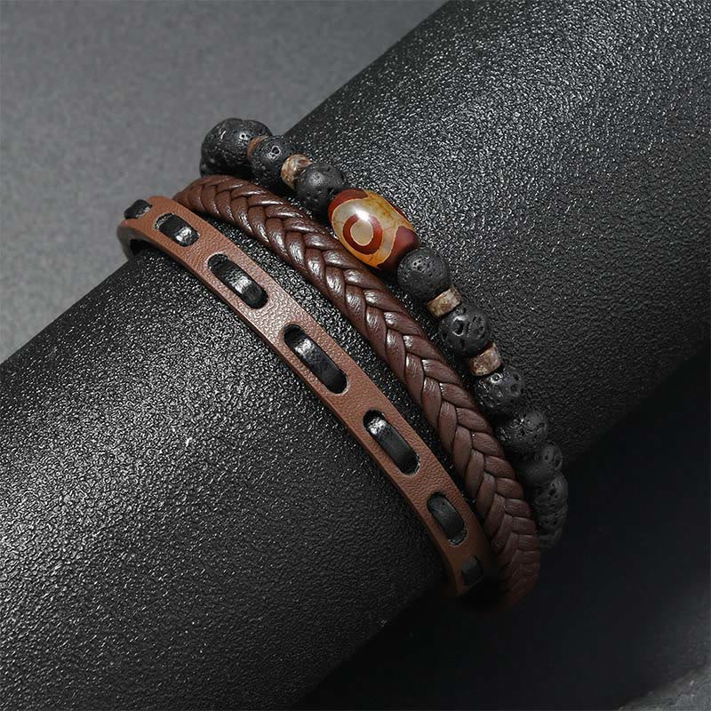 Buddha Stones Pulsera de cuero trenzado multicapa con cuentas Dzi y diseño de roca volcánica, símbolo de riqueza. - image 4