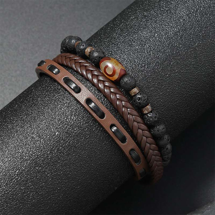 Buddha Stones Pulsera de cuero trenzado multicapa con cuentas Dzi y diseño de roca volcánica, símbolo de riqueza. - image 4