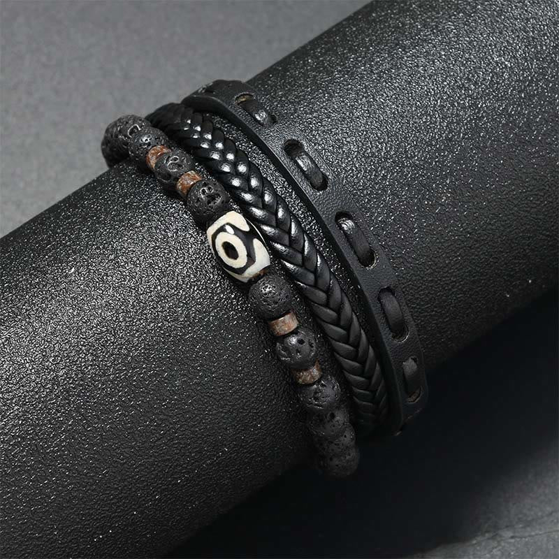 Buddha Stones Pulsera de cuero trenzado multicapa con cuentas Dzi y diseño de roca volcánica, símbolo de riqueza. - image 1