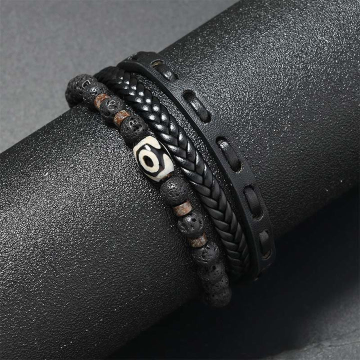 Buddha Stones Pulsera de cuero trenzado multicapa con cuentas Dzi y diseño de roca volcánica, símbolo de riqueza. - image 1