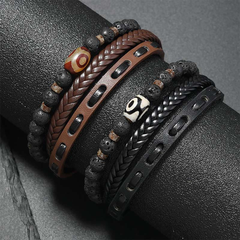 Buddha Stones Pulsera de cuero trenzado multicapa con cuentas Dzi y diseño de roca volcánica, símbolo de riqueza. - image 9