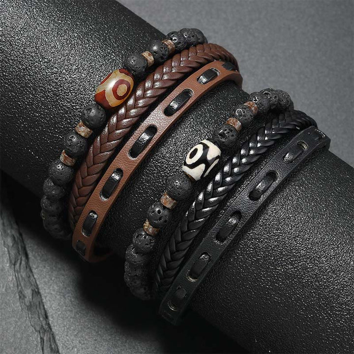 Buddha Stones Pulsera de cuero trenzado multicapa con cuentas Dzi y diseño de roca volcánica, símbolo de riqueza. - image 9