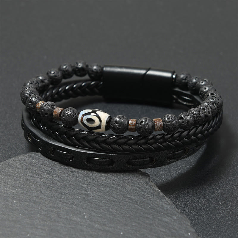 Buddha Stones Pulsera de cuero trenzado multicapa con cuentas Dzi y diseño de roca volcánica, símbolo de riqueza. - Piel negra (circunferencia de la muñeca: 18-19 cm) - image 0