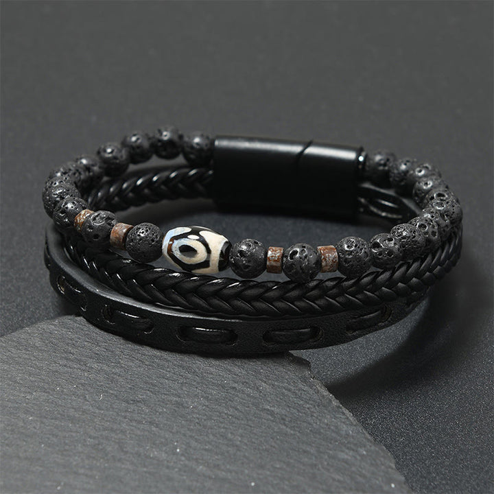 Buddha Stones Pulsera de cuero trenzado multicapa con cuentas Dzi y diseño de roca volcánica, símbolo de riqueza. - Piel negra (circunferencia de la muñeca: 18-19 cm) - image 0