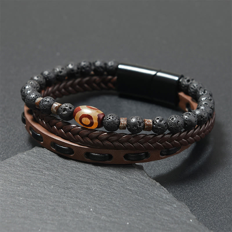 Buddha Stones Pulsera de cuero trenzado multicapa con cuentas Dzi y diseño de roca volcánica, símbolo de riqueza. - Piel color café (circunferencia de la muñeca: 18-19 cm) - image 3