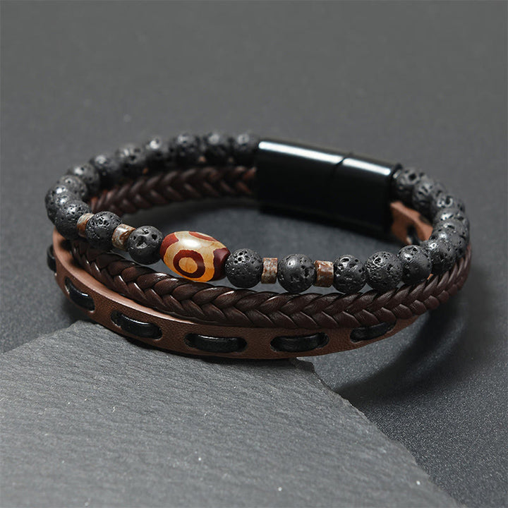 Buddha Stones Pulsera de cuero trenzado multicapa con cuentas Dzi y diseño de roca volcánica, símbolo de riqueza. - Piel color café (circunferencia de la muñeca: 18-19 cm) - image 3
