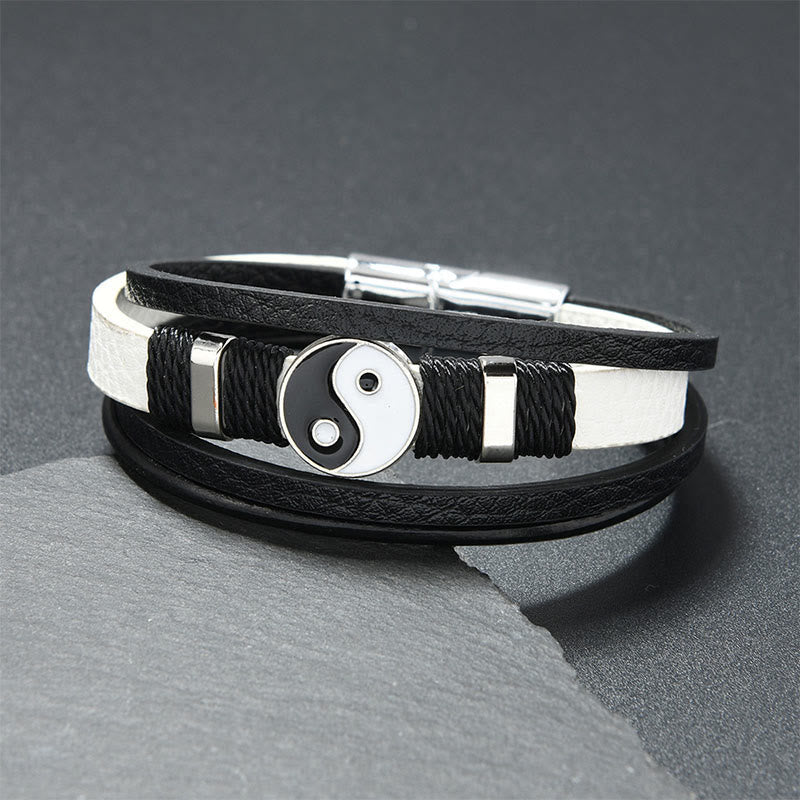 Buddha Stones Pulsera de equilibrio de cuero multicapa YIN YANG en blanco y negro - Piel blanca (circunferencia de la muñeca: 18-19 cm) - image 2