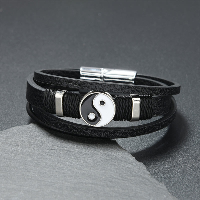 Buddha Stones Pulsera de equilibrio de cuero multicapa YIN YANG en blanco y negro - Piel negra (circunferencia de la muñeca: 18-19 cm) - image 0
