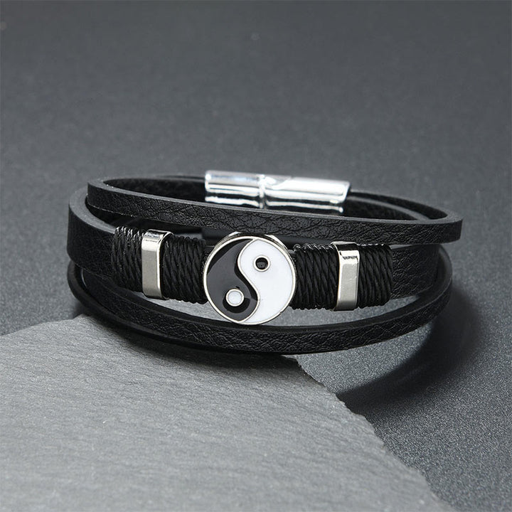 Buddha Stones Pulsera de equilibrio de cuero multicapa YIN YANG en blanco y negro - Piel negra (circunferencia de la muñeca: 18-19 cm) - image 0