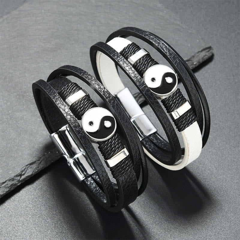 Buddha Stones Pulsera de equilibrio de cuero multicapa YIN YANG en blanco y negro - image 3