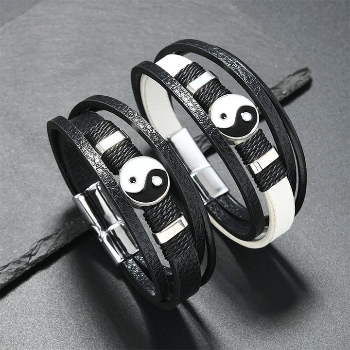 Buddha Stones Pulsera de equilibrio de cuero multicapa YIN YANG en blanco y negro - image 3