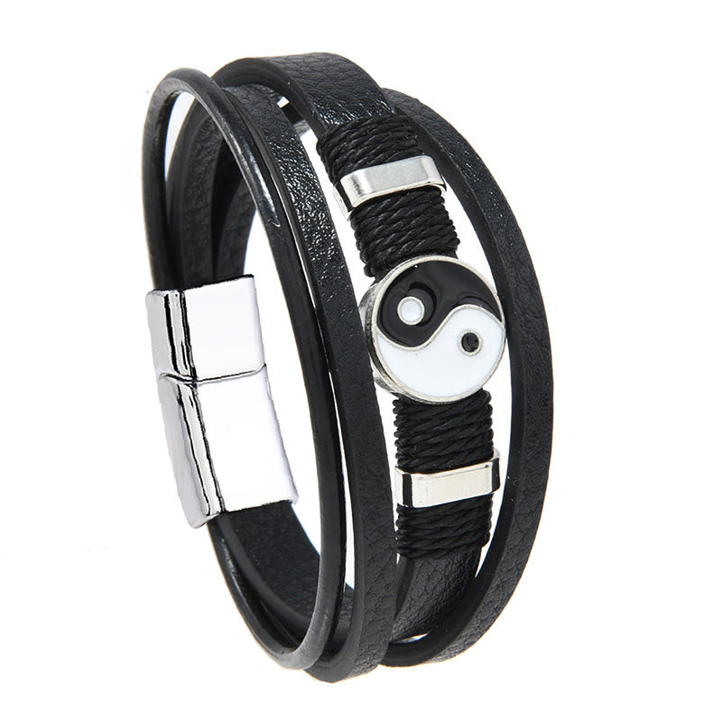 Buddha Stones Pulsera de equilibrio de cuero multicapa YIN YANG en blanco y negro - image 1