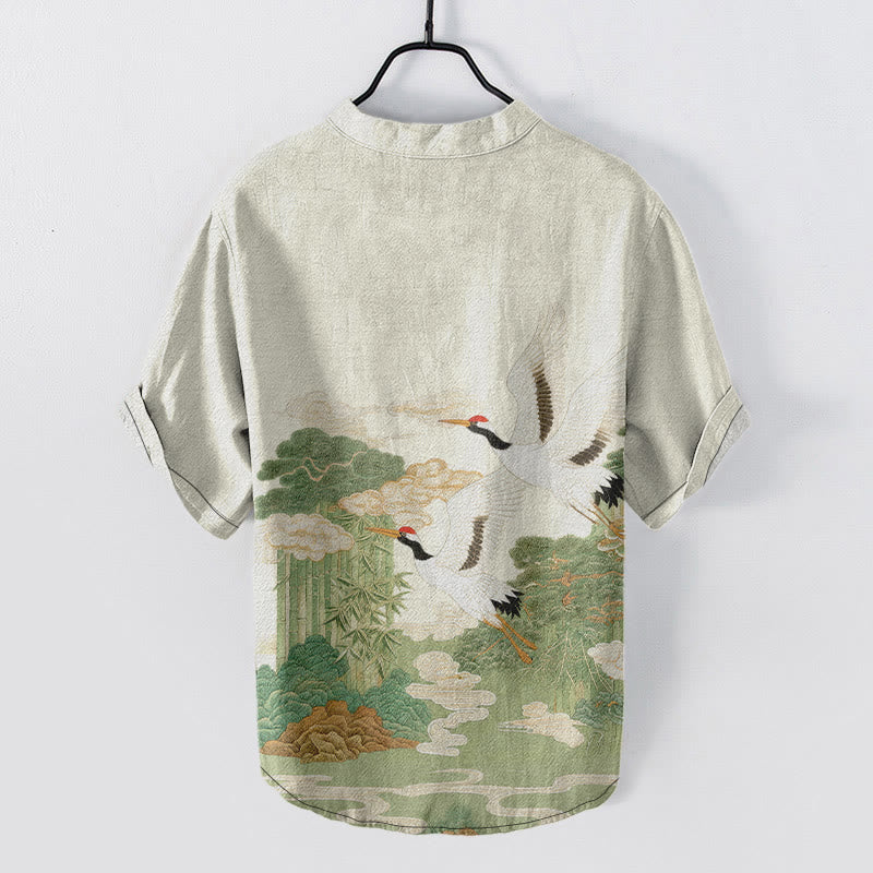 Buddha Stones Camisa de manga corta con medio botón para hombre con estampado de paisajes de nubes auspiciosas y grullas de algodón. - image 7