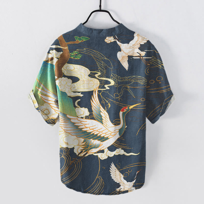 Buddha Stones Camisa de manga corta con medio botón para hombre con estampado de pinos y nubes auspiciosas de Cotton Crane. - image 5