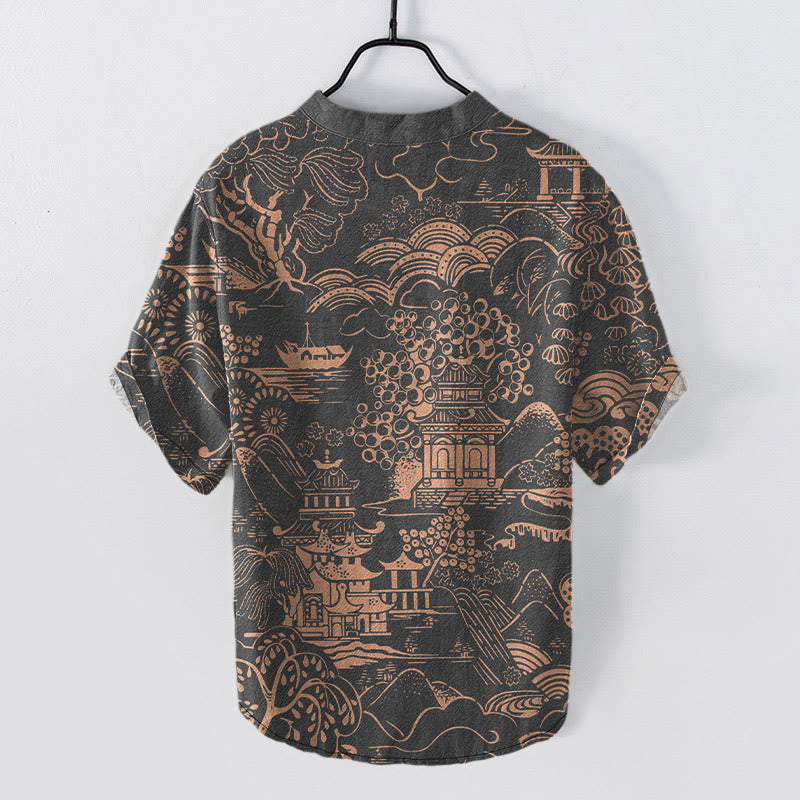 Buddha Stones Camisa de manga corta con medio botón para hombre, de algodón, con estampado de paisaje de torres naturales. - image 7