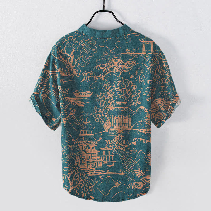 Buddha Stones Camisa de manga corta con medio botón para hombre, de algodón, con estampado de paisaje de torres naturales. - image 1
