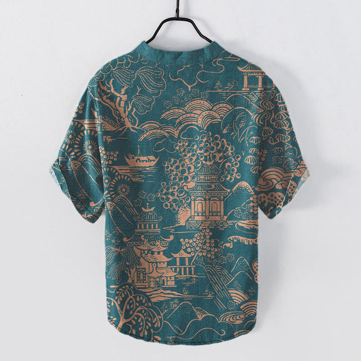Buddha Stones Camisa de manga corta con medio botón para hombre, de algodón, con estampado de paisaje de torres naturales. - image 1