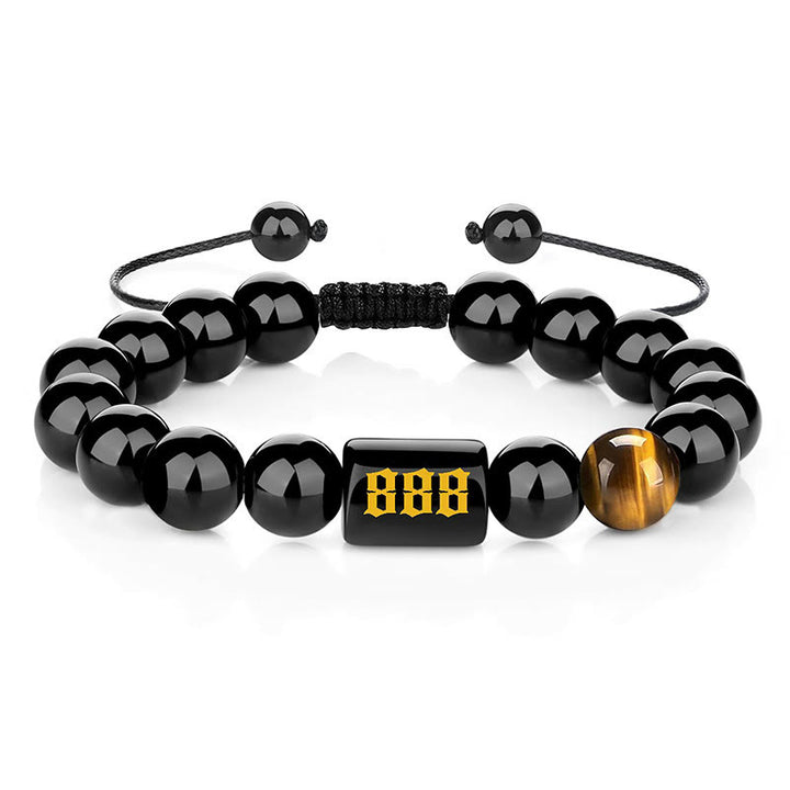 Buddha Stones Pulsera de fuerza y ​​plenitud con obsidiana negra natural y ojo de tigre, con número angelical - 888 (Circunferencia de la muñeca 15-19 cm) - image 29