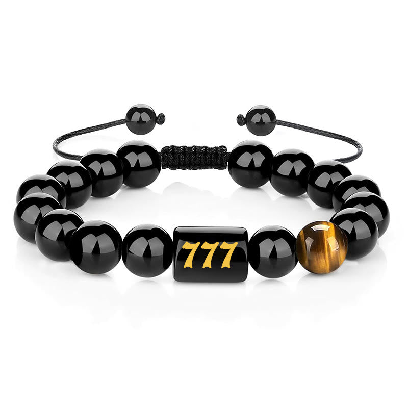 Buddha Stones Pulsera de fuerza y ​​plenitud con obsidiana negra natural y ojo de tigre, con número angelical - 777 (Circunferencia de la muñeca: 15-19 cm) - image 24