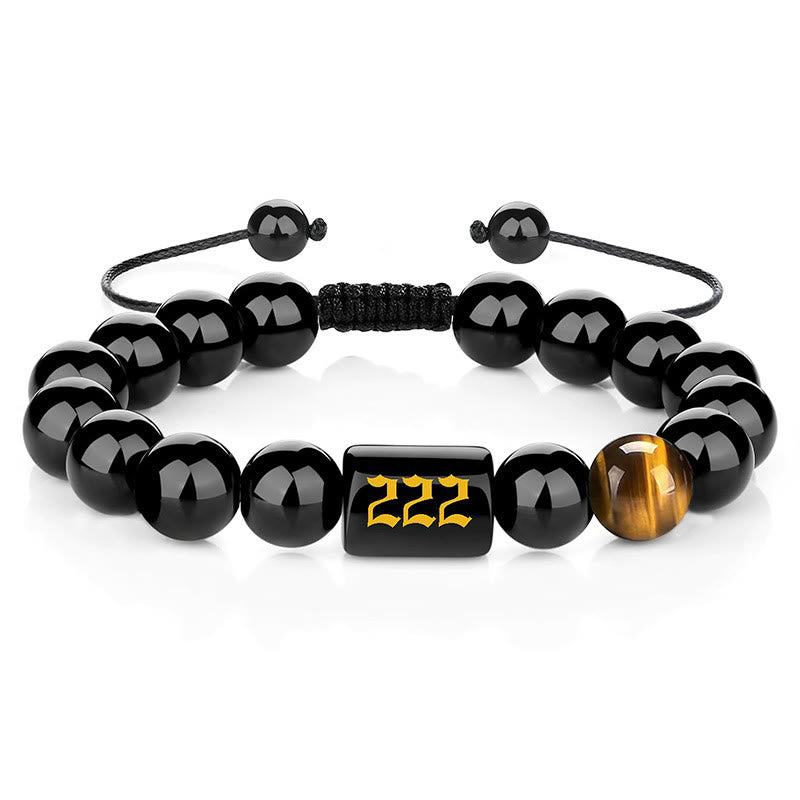 Buddha Stones Pulsera de fuerza y ​​plenitud con obsidiana negra natural y ojo de tigre, con número angelical - 222 (Circunferencia de la muñeca: 15-19 cm) - image 14