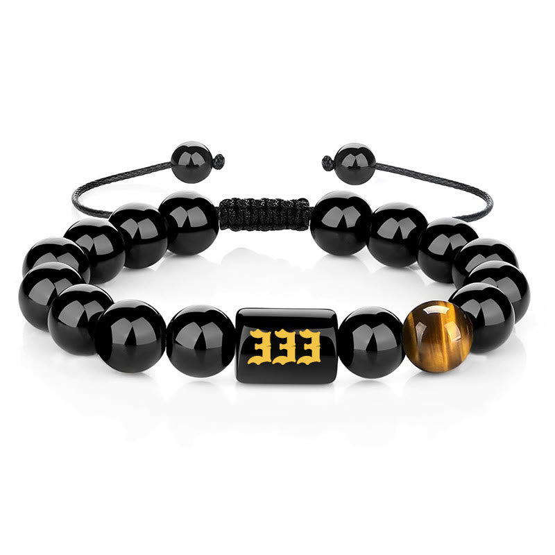 Buddha Stones Pulsera de fuerza y ​​plenitud con obsidiana negra natural y ojo de tigre, con número angelical - 333 (Circunferencia de la muñeca: 15-19 cm) - image 5