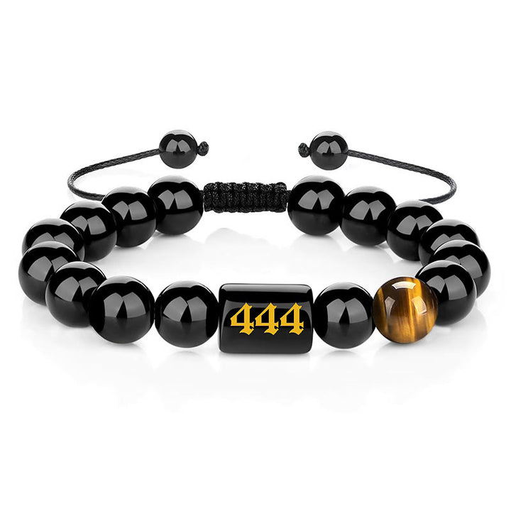 Buddha Stones Pulsera de fuerza y ​​plenitud con obsidiana negra natural y ojo de tigre, con número angelical - 444 (Circunferencia de la muñeca 15-19 cm) - image 18