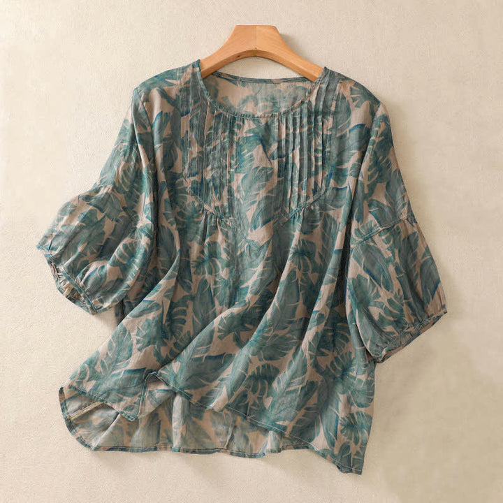 Buddha Stones Camiseta de mujer Commute con cuello redondo, diseño plisado y mangas cortas abullonadas. - Verde mar medio - US8-10，UK/AU12-14，EU40-42 (2XL) - image 0