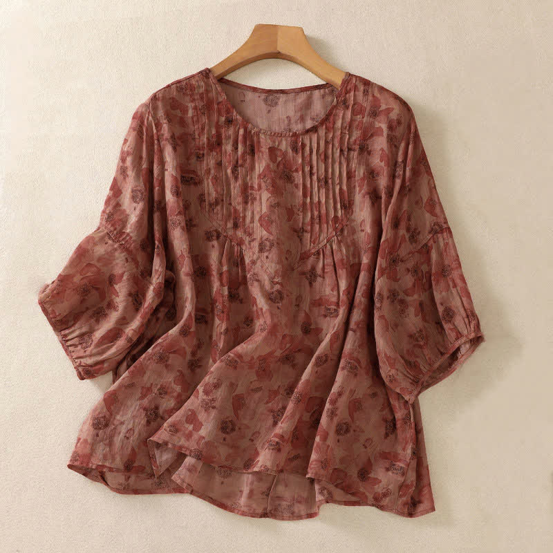 Buddha Stones Camiseta de mujer Commute con cuello redondo, diseño plisado y mangas cortas abullonadas. - Rojo indio - US8-10，UK/AU12-14，EU40-42 (2XL) - image 12
