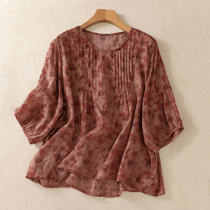 Buddha Stones Camiseta de mujer Commute con cuello redondo, diseño plisado y mangas cortas abullonadas. - Rojo indio - US8-10，UK/AU12-14，EU40-42 (2XL) - image 12