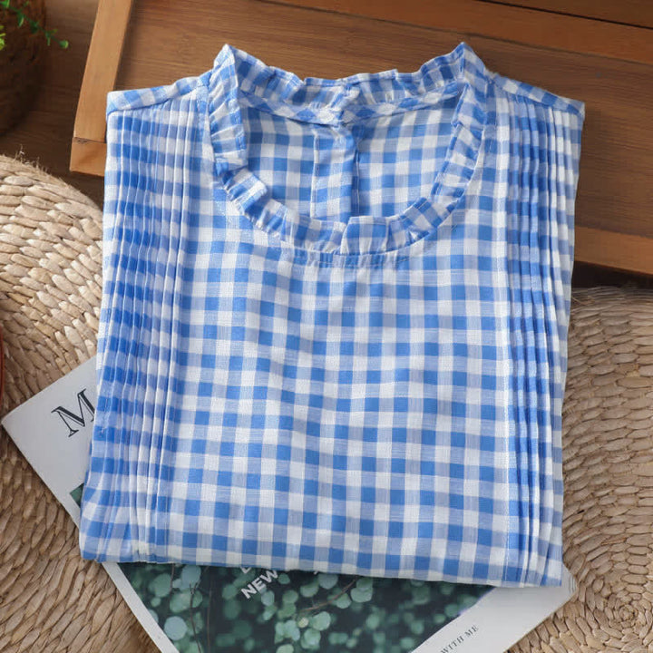 Camiseta sin mangas para mujer con cuello redondo, volantes y botones en la espalda, con estampado de cuadros veraniegos y Buddha Stones. - image 11