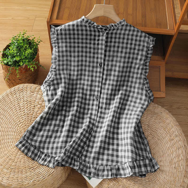 Buddha Stones Camiseta sin mangas de mujer con cuello redondo, volantes y diseño de botones en la espalda, ideal para el verano. - image 1